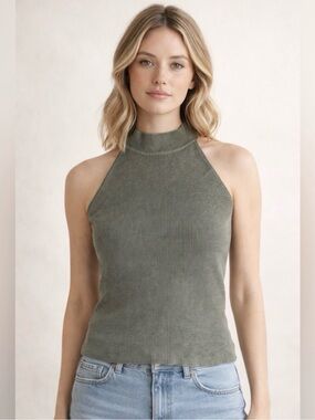 Mexx Knit Halter Top in Muted Sage Green / Ribbed Sleeveless Top / Ladies L